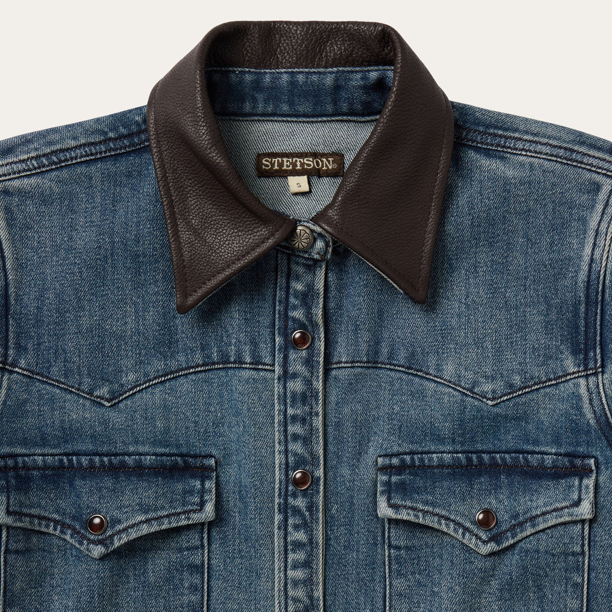 Stetson Stretch Denim Western Shirt with Leather Collar Womens