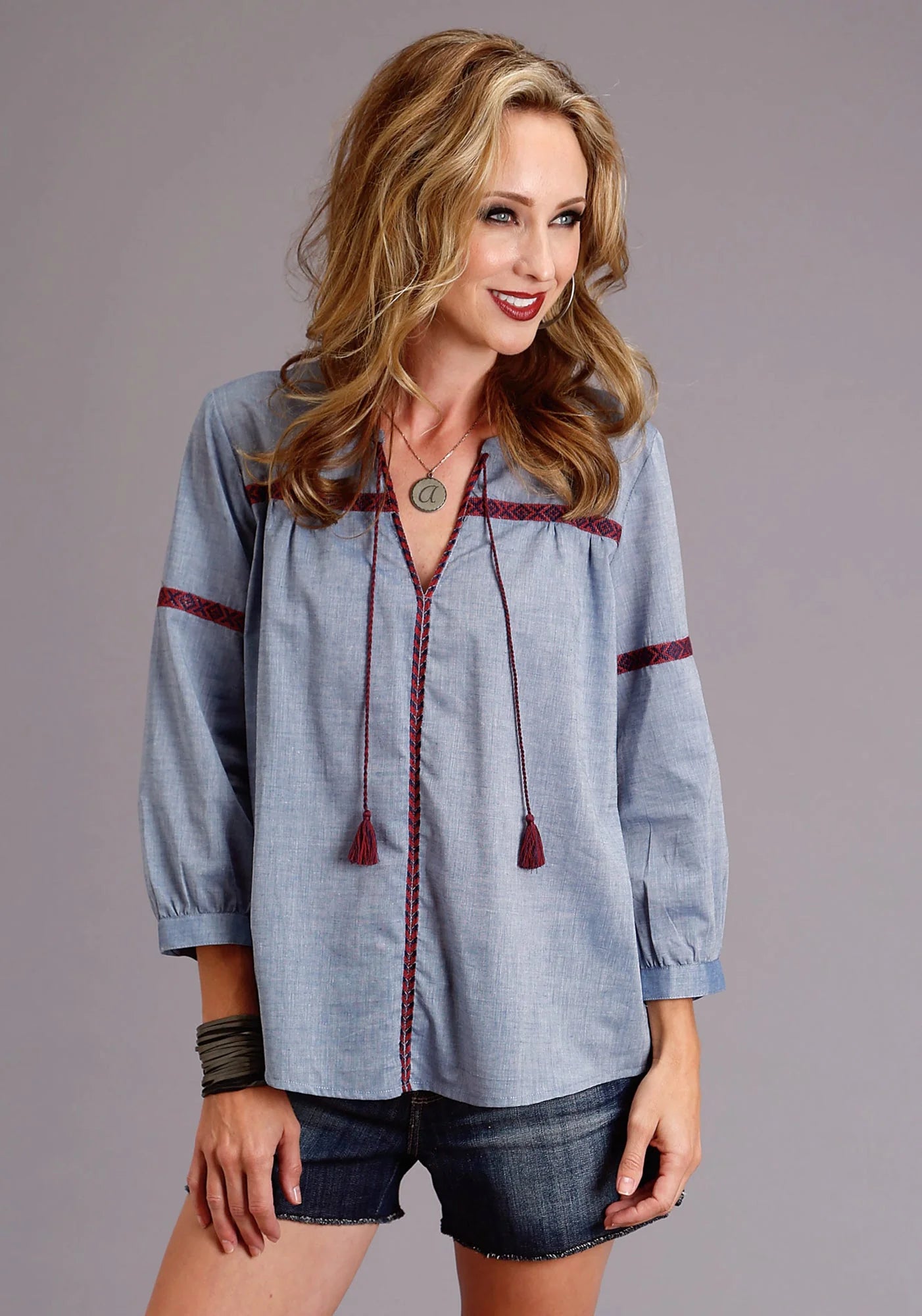 Stetson Chambray 3/4 Sleeve Peasant Blouse