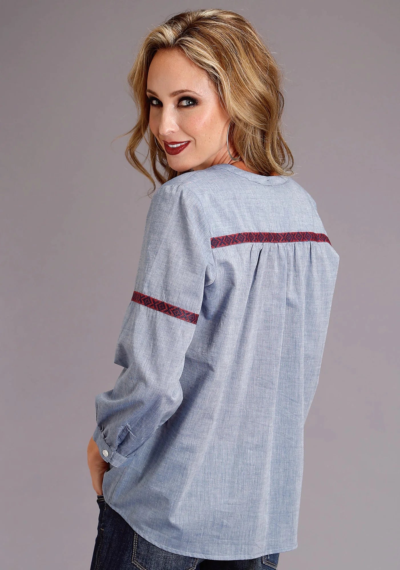 Stetson Chambray 3/4 Sleeve Peasant Blouse
