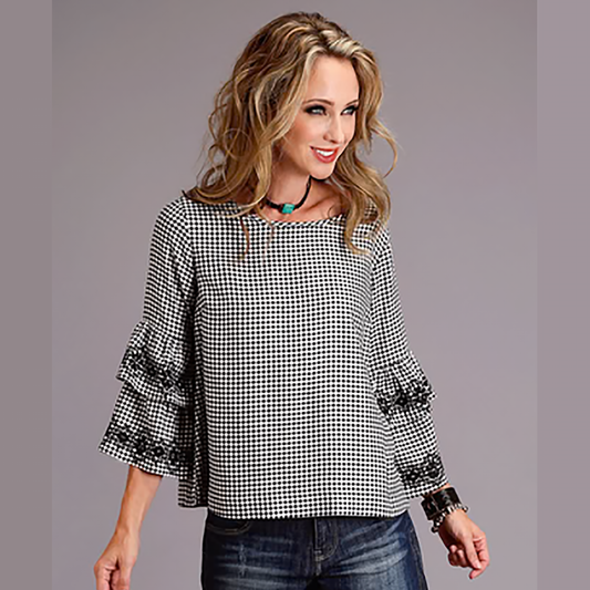 Stetson Black & White Gingham Peasant Blouse