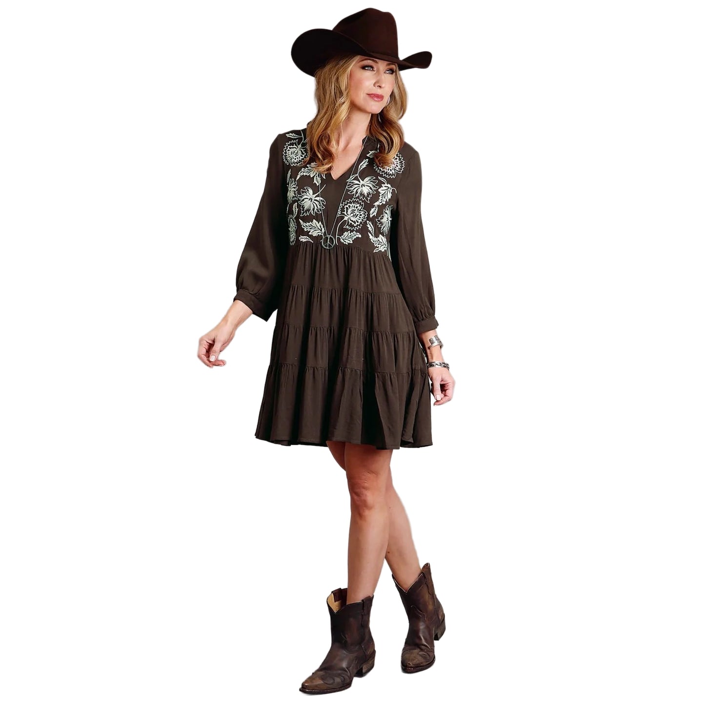 Stetson Women's Floral Peasant Brown Rayon Dress