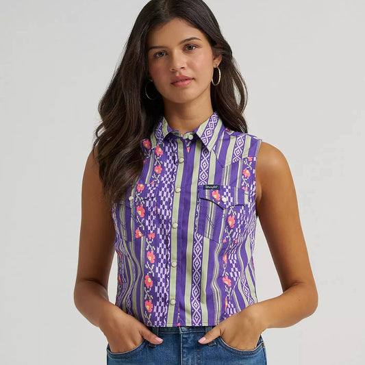 Wrangler Retro Punchy Sleeveless Snap Shirt Purple at Bourbon Cowgirl