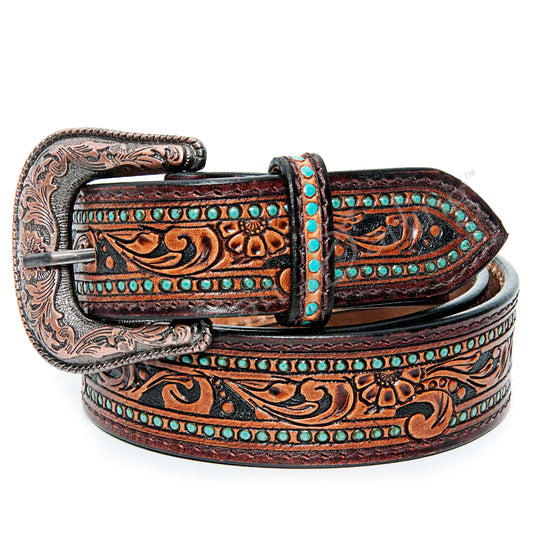 Turquoise & Black on Brown Tooled Leather Belt- Western Belts for Cowgirls