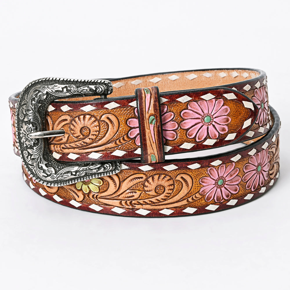 Tooled Leather Belt - Pink & Yellow Daisies With White Diamond Trim