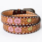 Tooled Leather Belt - Pink & Yellow Daisies With White Diamond Trim