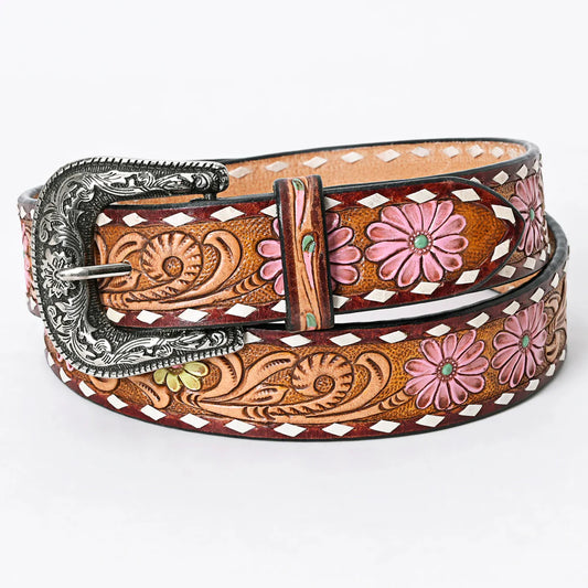 Pink and Yellow Flowers on Tooled Leather Brown Belt - Western Belts for Cowgirls