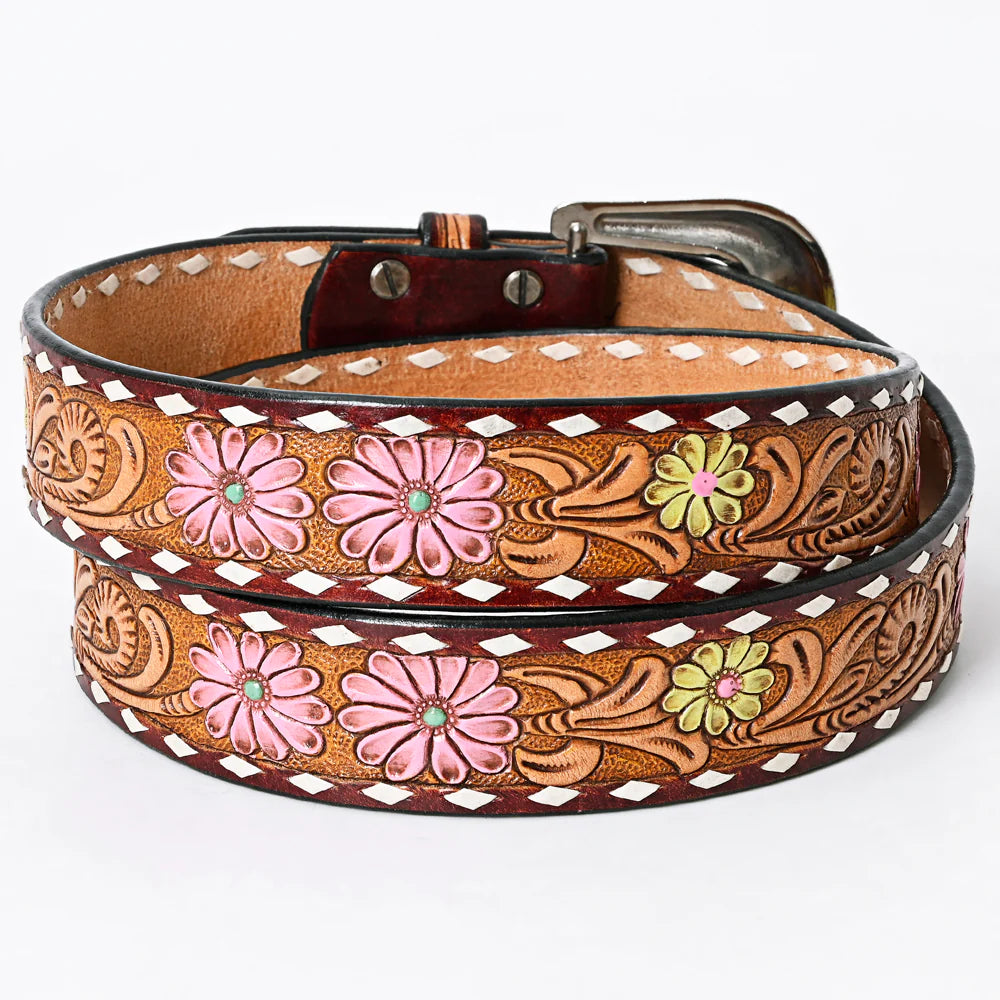 Pink and Yellow Flowers on Tooled Leather Brown Belt - Western Belts for Cowgirls