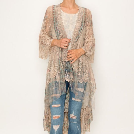 Lace Cardigan Duster in Taupe and Turquoise - Bourbon Cowgirl