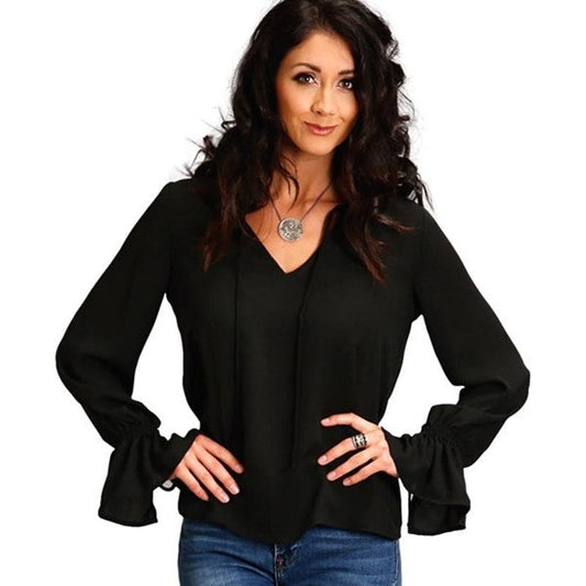 Stetson Black Crepe Blouse with Ruffle Sleeves