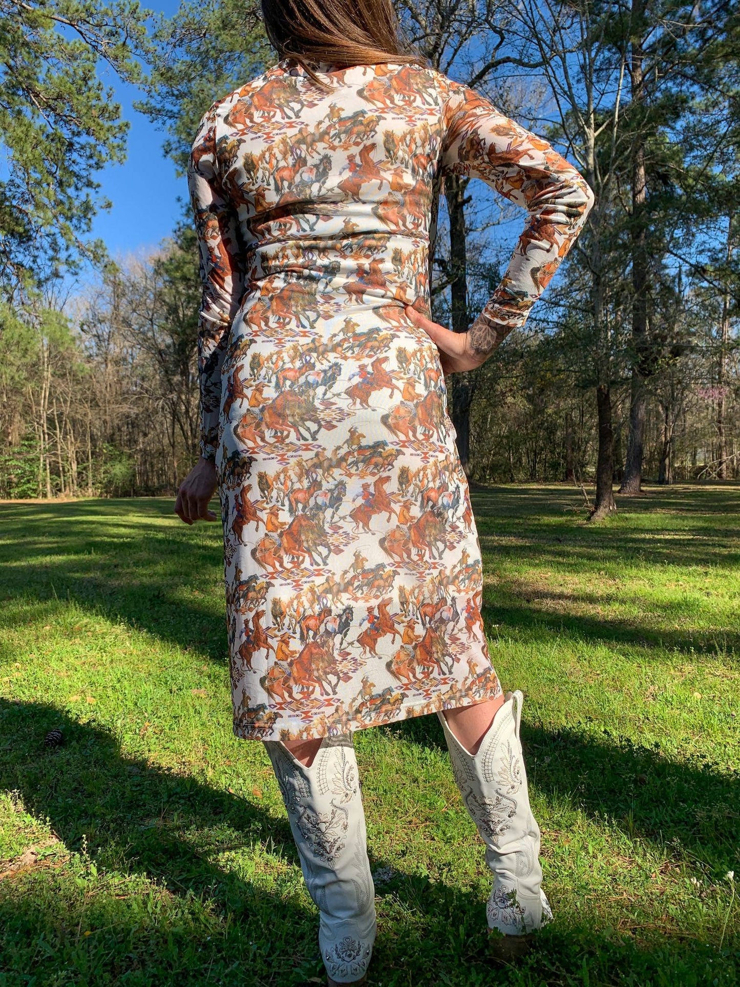 Buckaroo Long Sleeve Mesh Sheath Dress at Bourbon Cowgirl