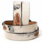 White Hair-On Cowhide Belt With Floral Tooled Leather Inlays And Western Buckle