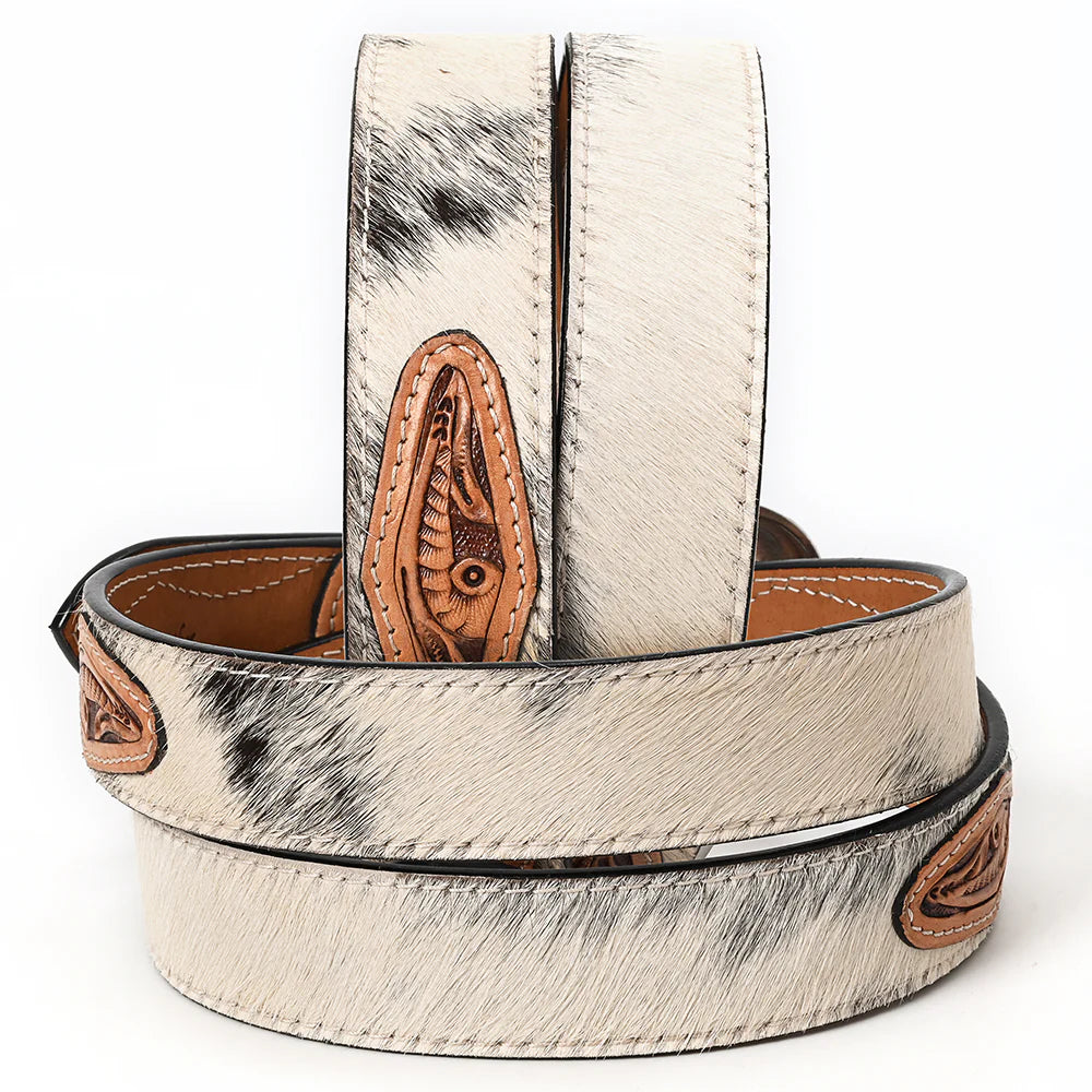 White Hair-On Cowhide Belt With Floral Tooled Leather Inlays And Western Buckle