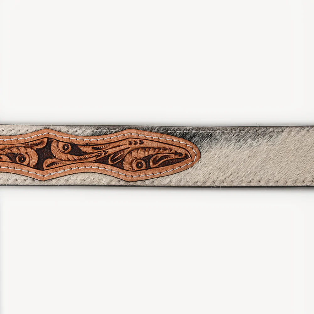 White Hair-On Cowhide Belt With Floral Tooled Leather Inlays And Western Buckle