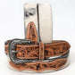 White Hair-On Cowhide Belt With Floral Tooled Leather Inlays And Western Buckle