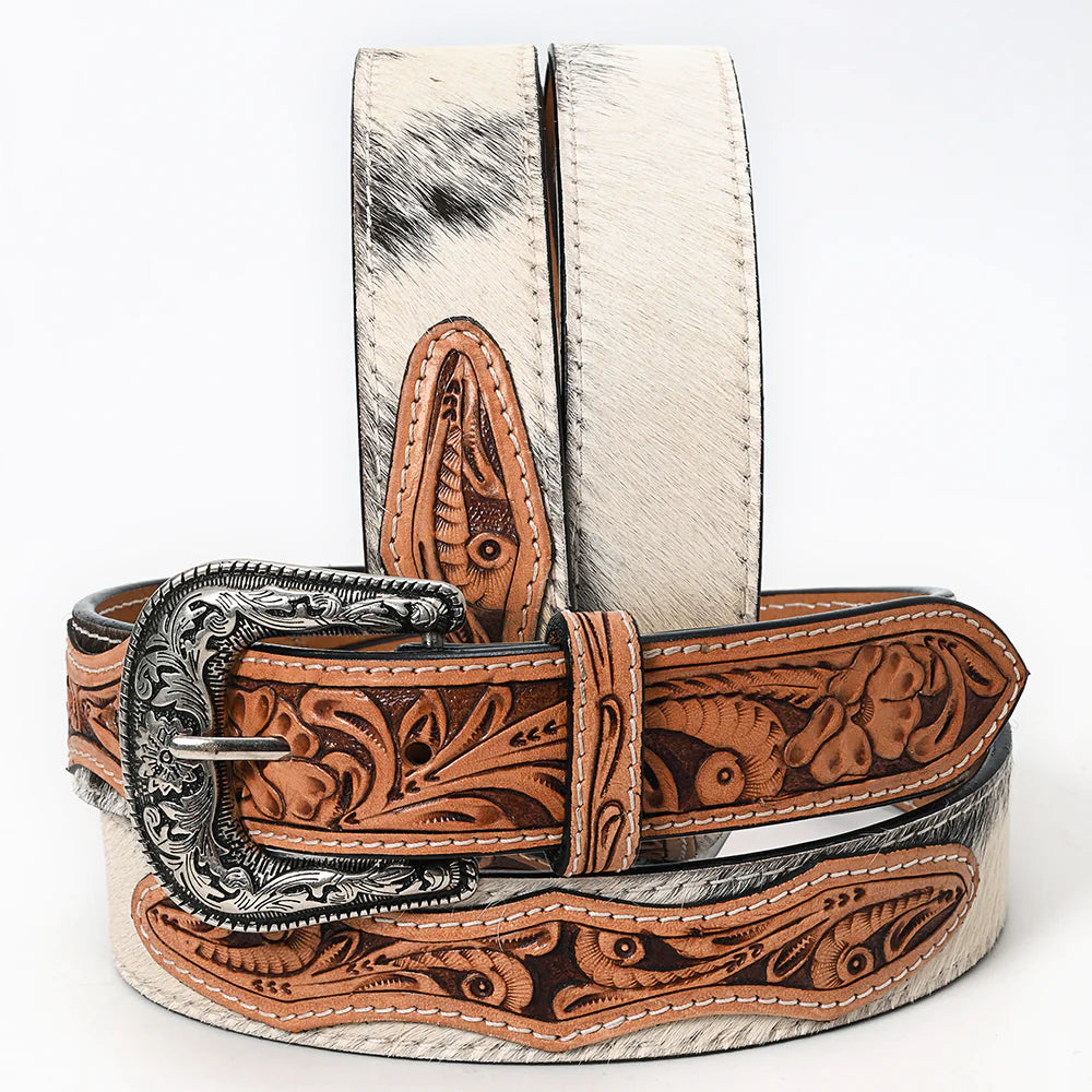 White Hair-On Cowhide Belt With Floral Tooled Leather Inlays And Western Buckle