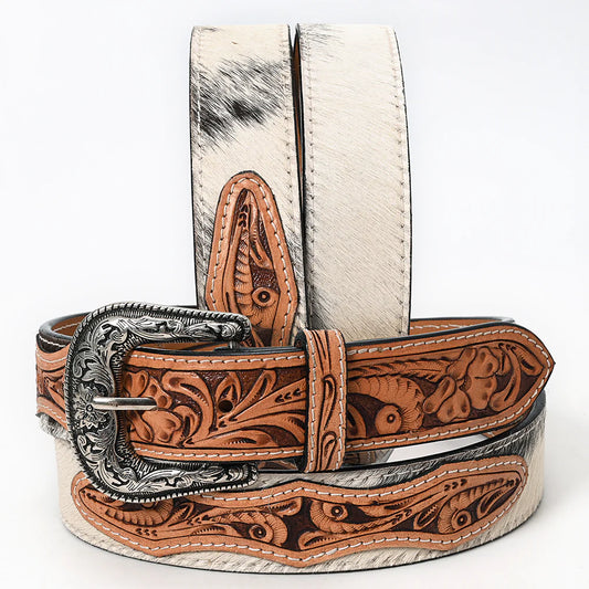 Hair on Hide Cowhide & Tooled Leather Belt- Western Belts for Cowgirls