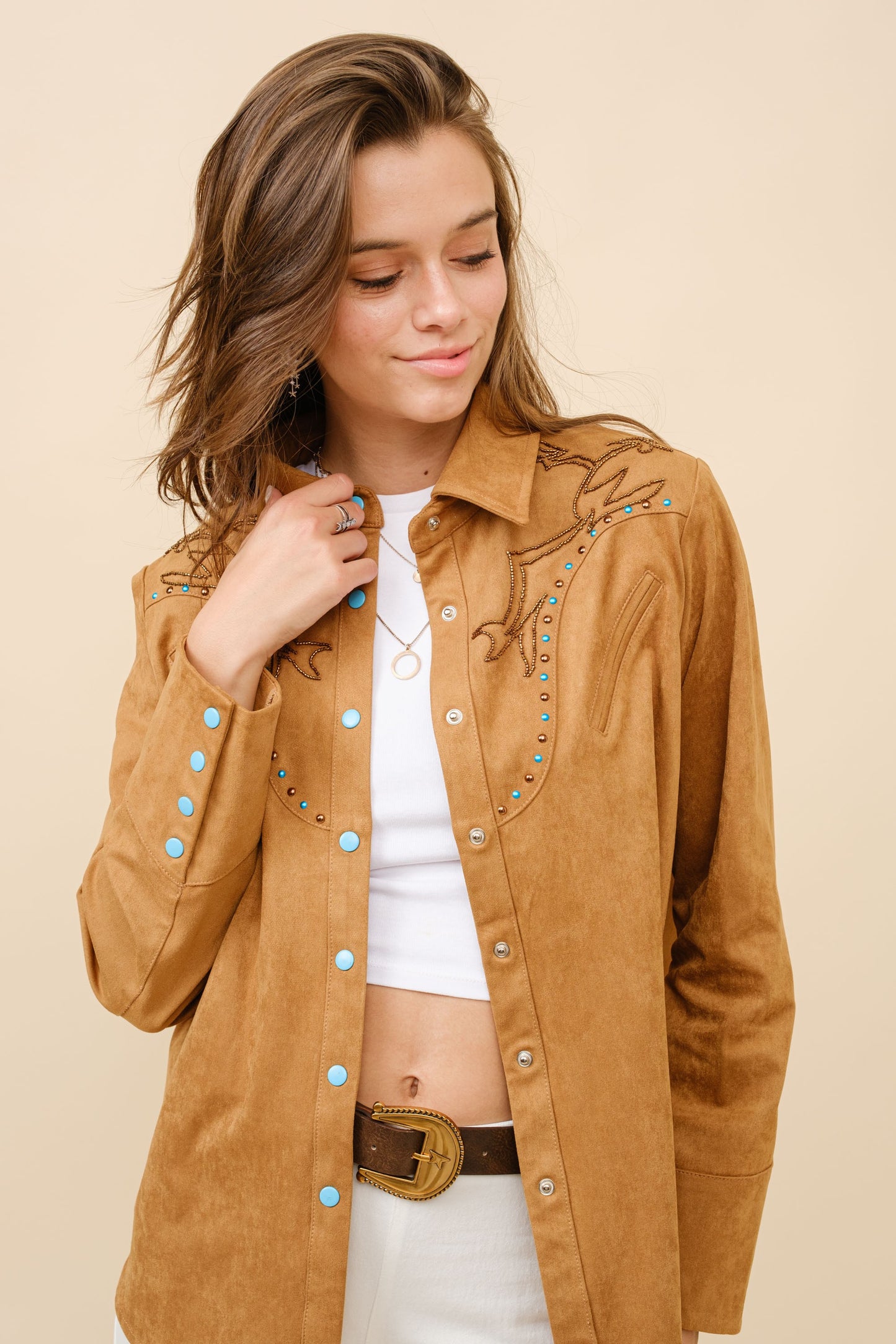 Suede Western Embellished Shirt Blouse