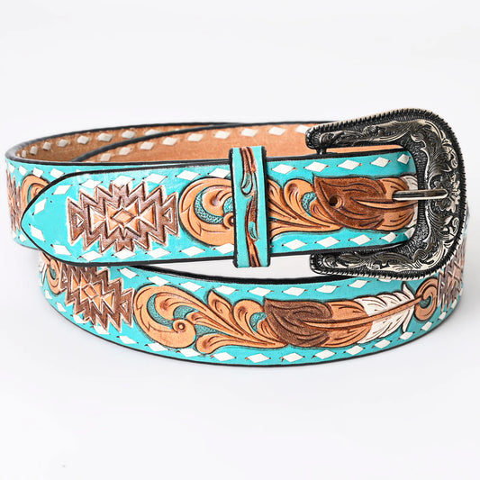 Turquoise Aztec & Feathers Tooled Leather Belt- Western Belts for Cowgirls