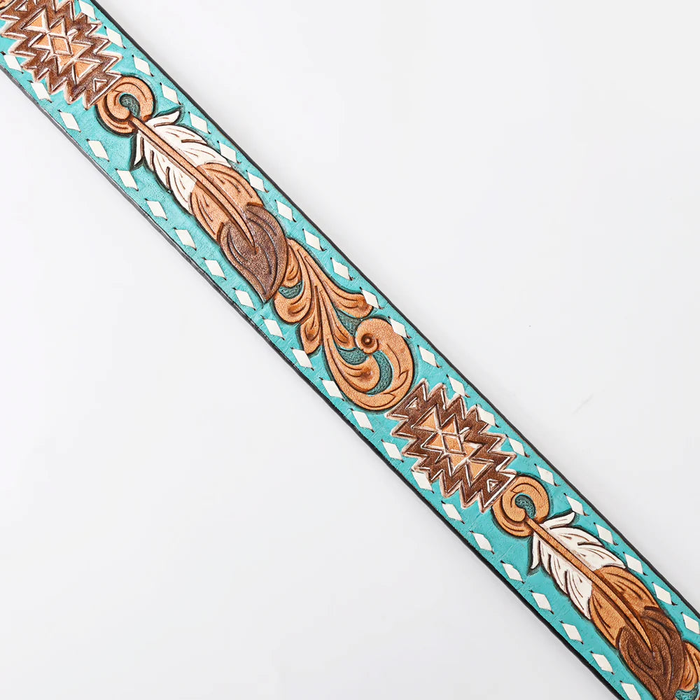 Tooled Leather Belt with Turquoise Aztec Design display picture 3