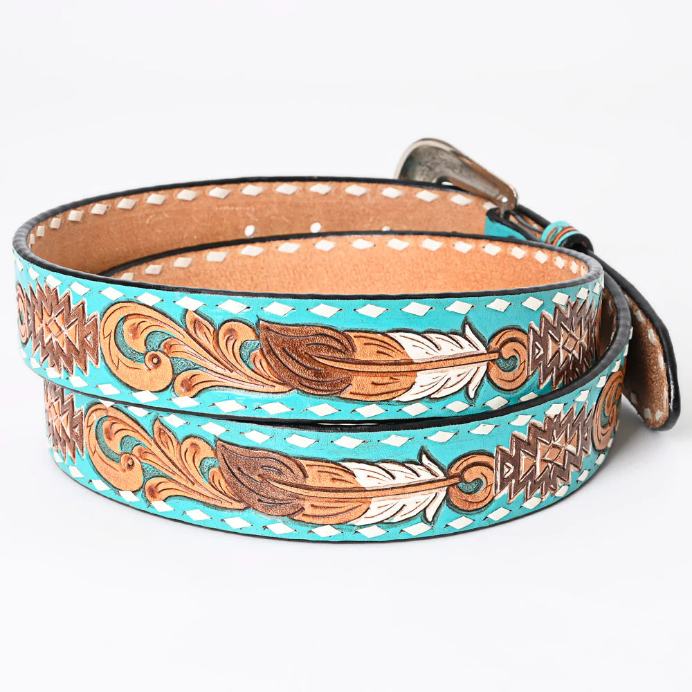 Turquoise Aztec & Feathers Tooled Leather Belt- Western Belts for Cowgirls