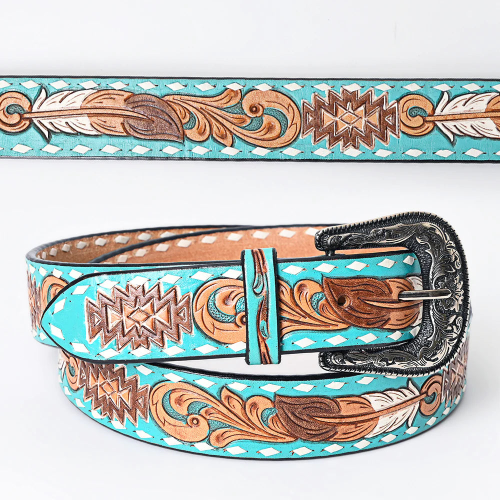 Turquoise Aztec & Feathers Tooled Leather Belt- Western Belts for Cowgirls