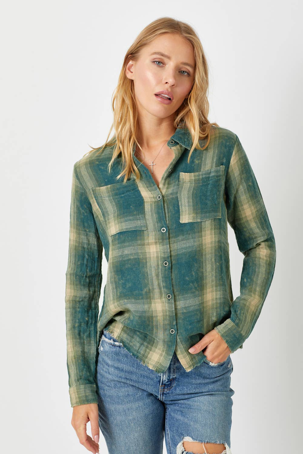 Fringe Bottom Washed Plaid Shirt