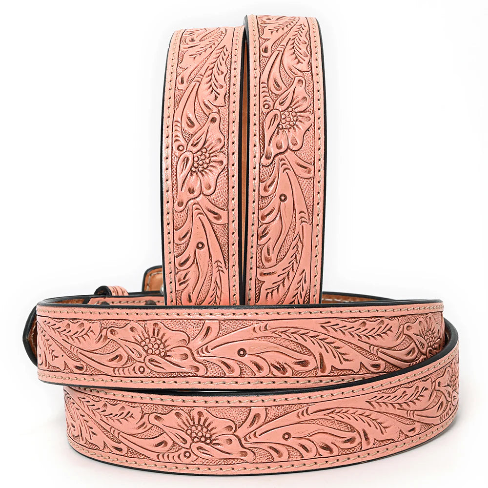 Antiqued Pink Coral Tooled Leather Belt- Western Belts for Cowgirls