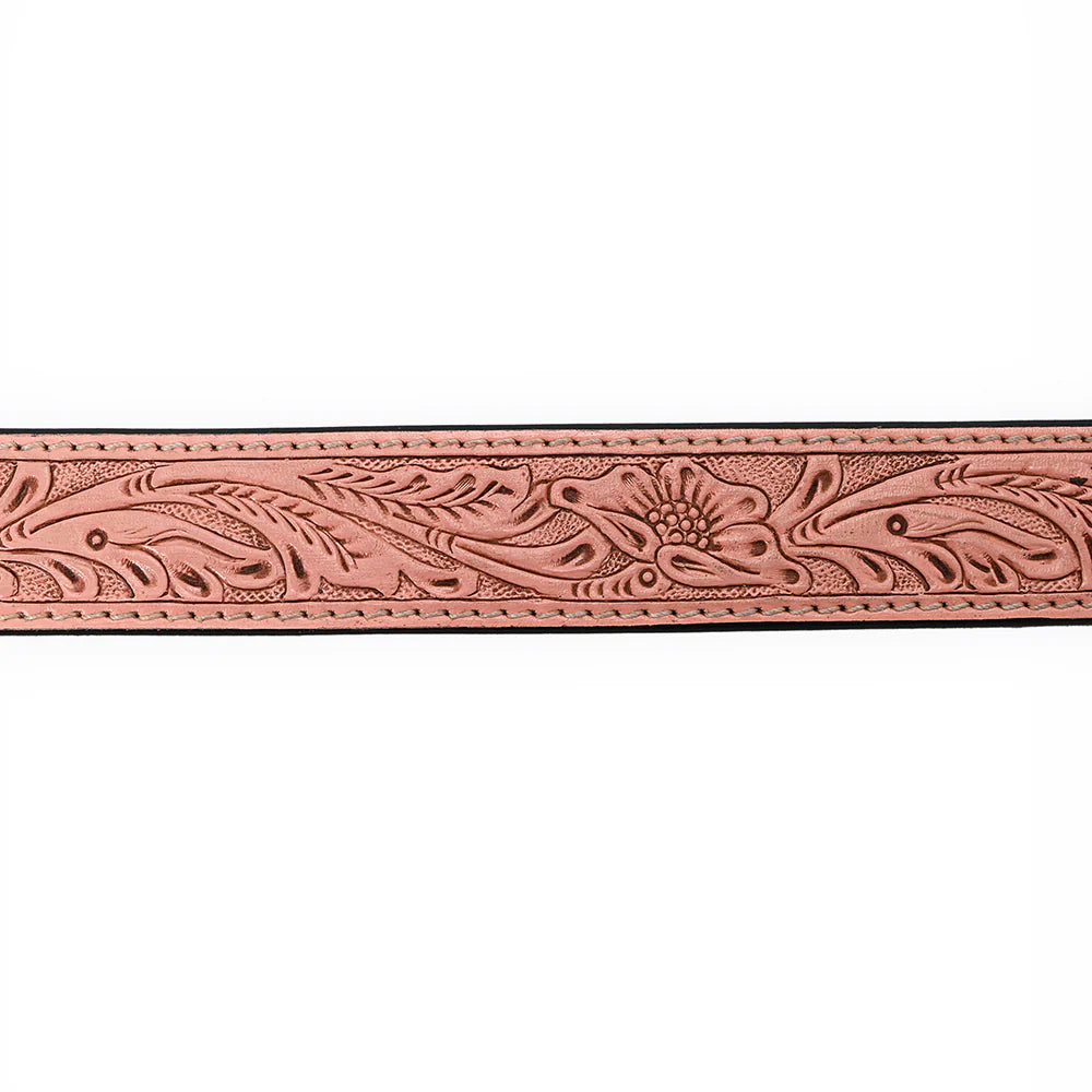 Antiqued Pink Coral Tooled Leather Belt- Western Belts for Cowgirls