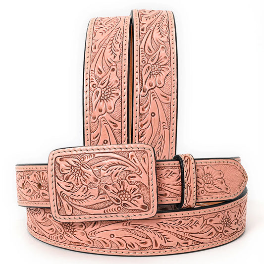 Antiqued Pink Coral Tooled Leather Belt- Western Belts for Cowgirls