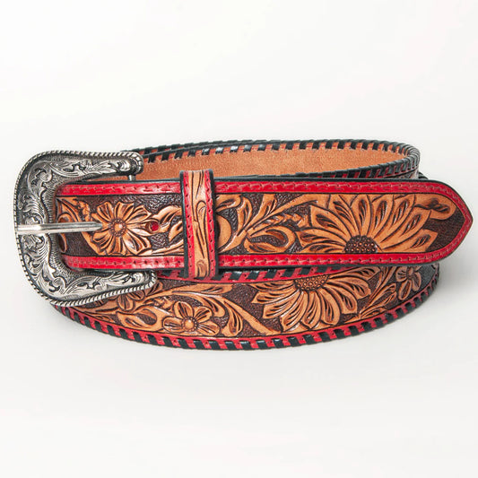 Brown, Red & Black Tooled Leather Belt- Western Belts for Cowgirls