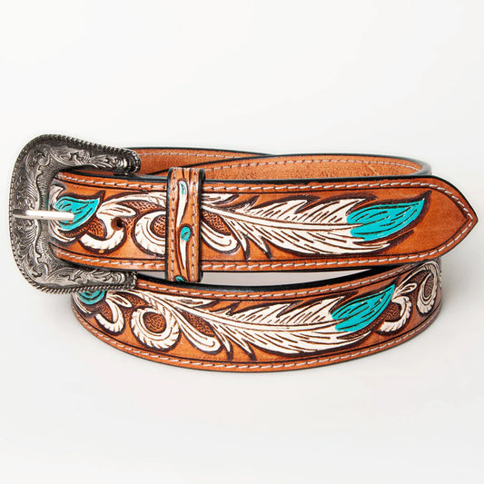 Turquoise Feathers Tooled Leather Belt- Western Belts for Cowgirls
