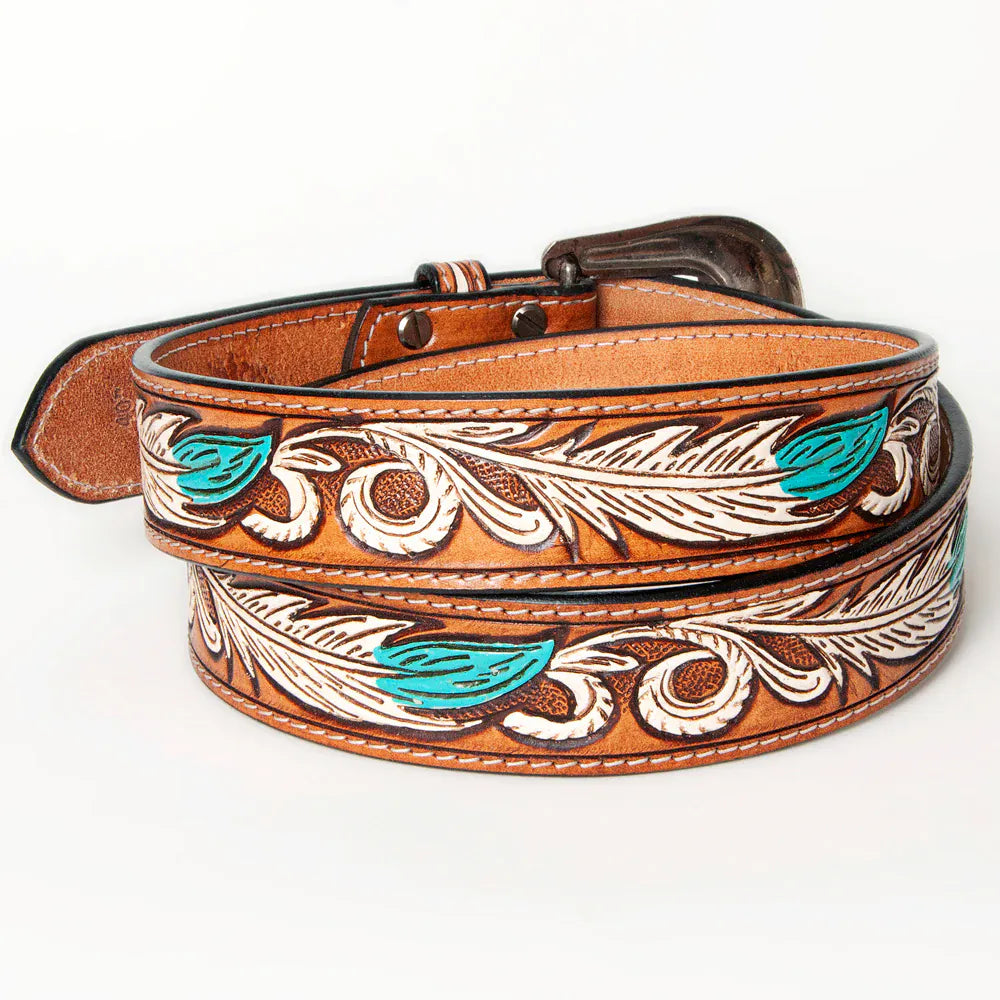 Tooled Leather Belt with Turquoise Feathers for Cowgirls display picture 1