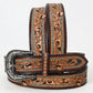 Tooled Leather Western Belt - Floral Scroll With Turquoise Stud Accents
