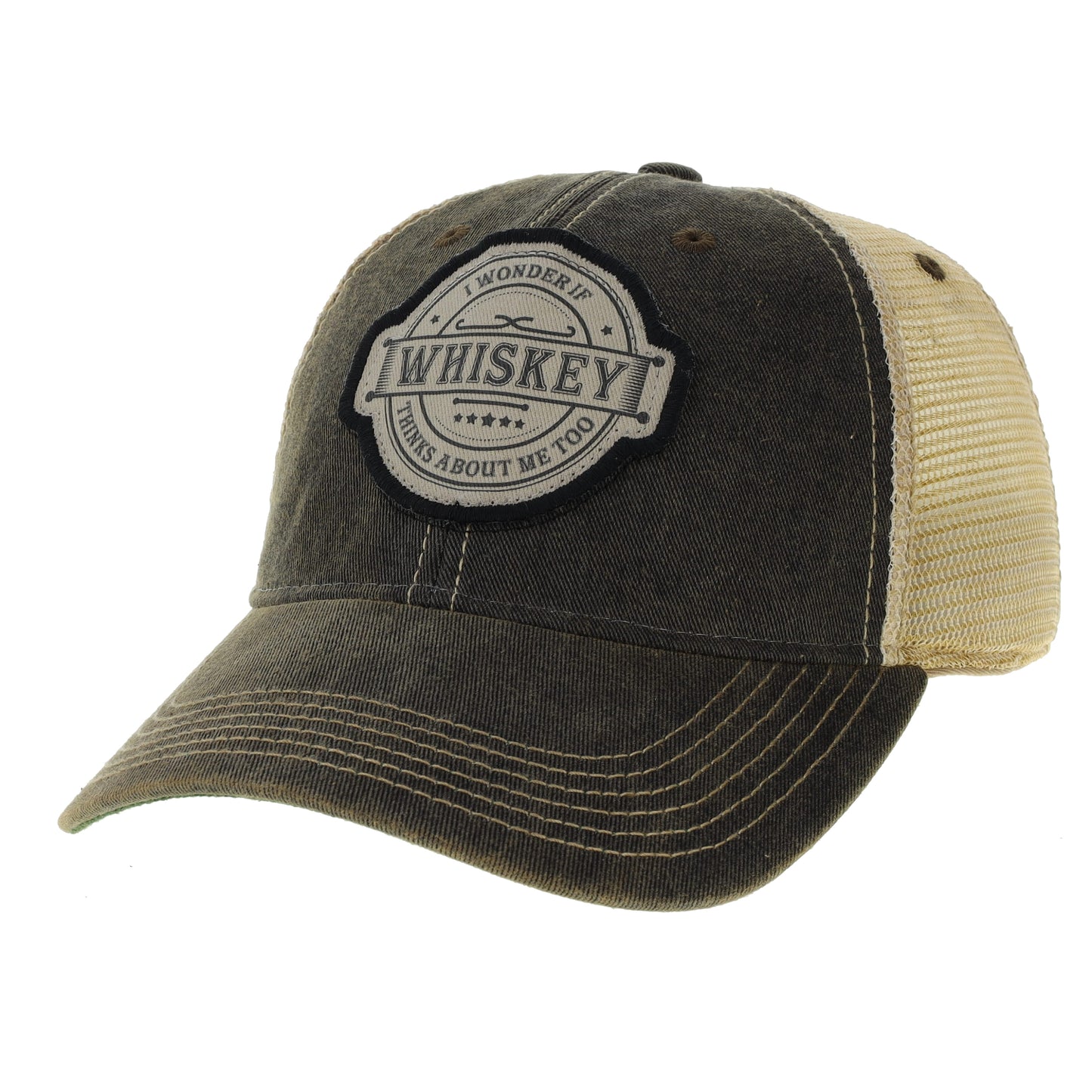 I Wonder if Whiskey Thinks About Me Too Distressed Snap Back Trucker Hat