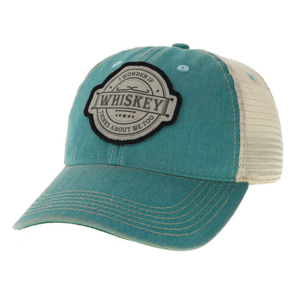 Teal baseball cap with a whiskey patch.