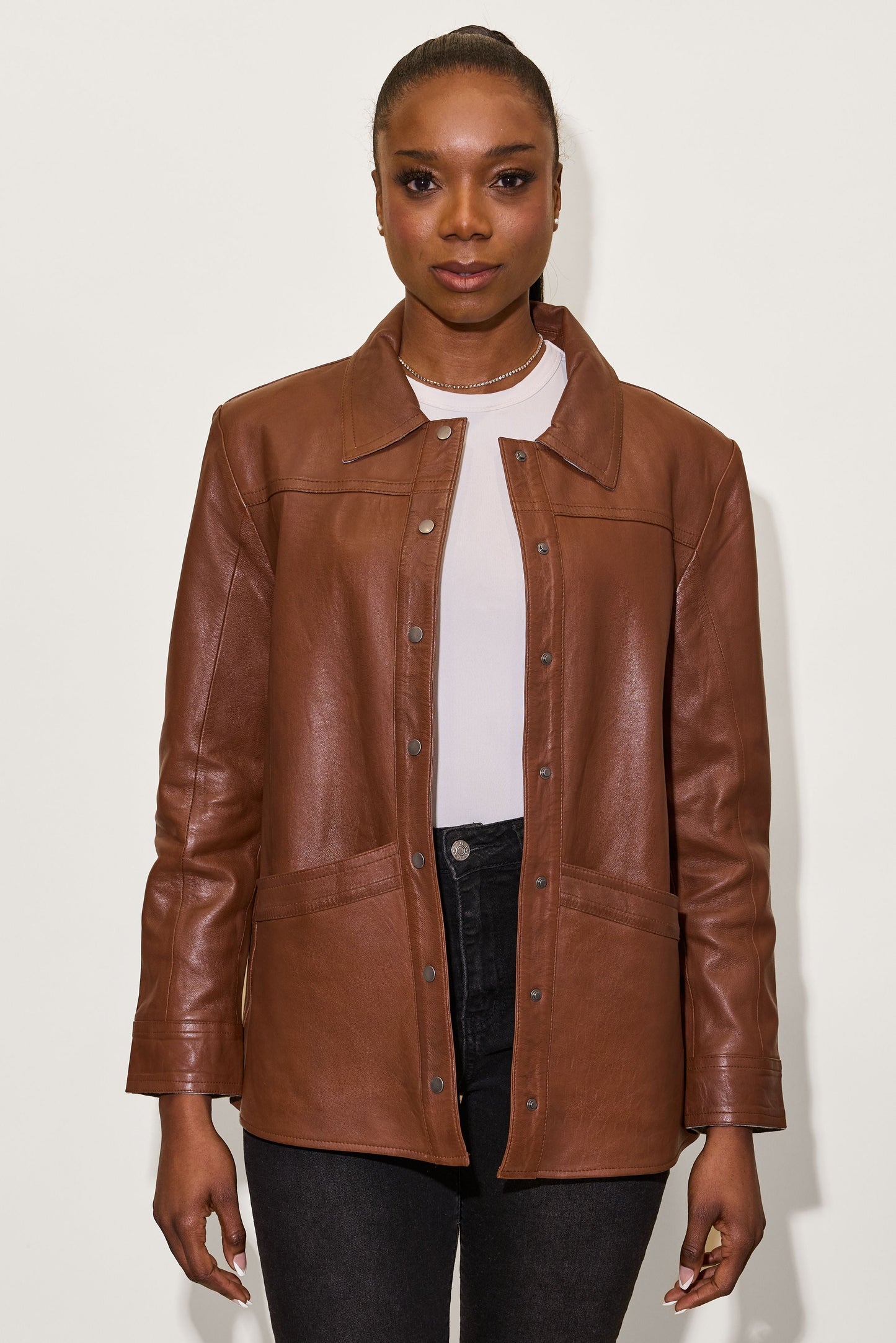 Stevie CF Leather Jacket, Dark Cognac