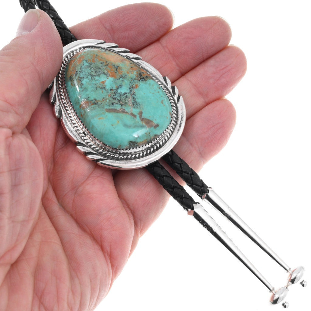 Genuine Turquoise Silver Hammered Navajo Bolo Tie