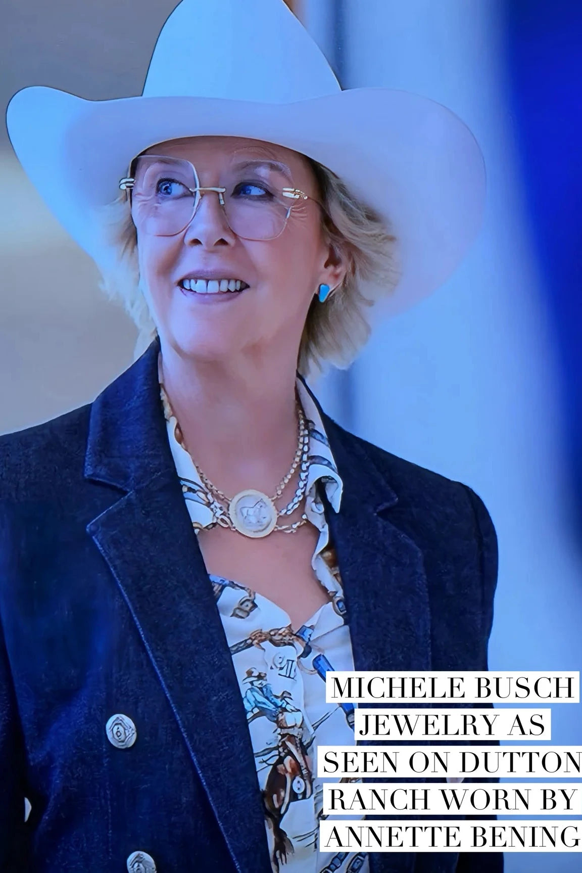 Where to get Annette Bening as Beulah Jackson's necklace on Dutton Ranch. Image  shows her wearing horse necklace that is for sale at Bourbon Cowgirl. Shop Dutton Ranch jewelry at Bourbon Cowgirl. 
