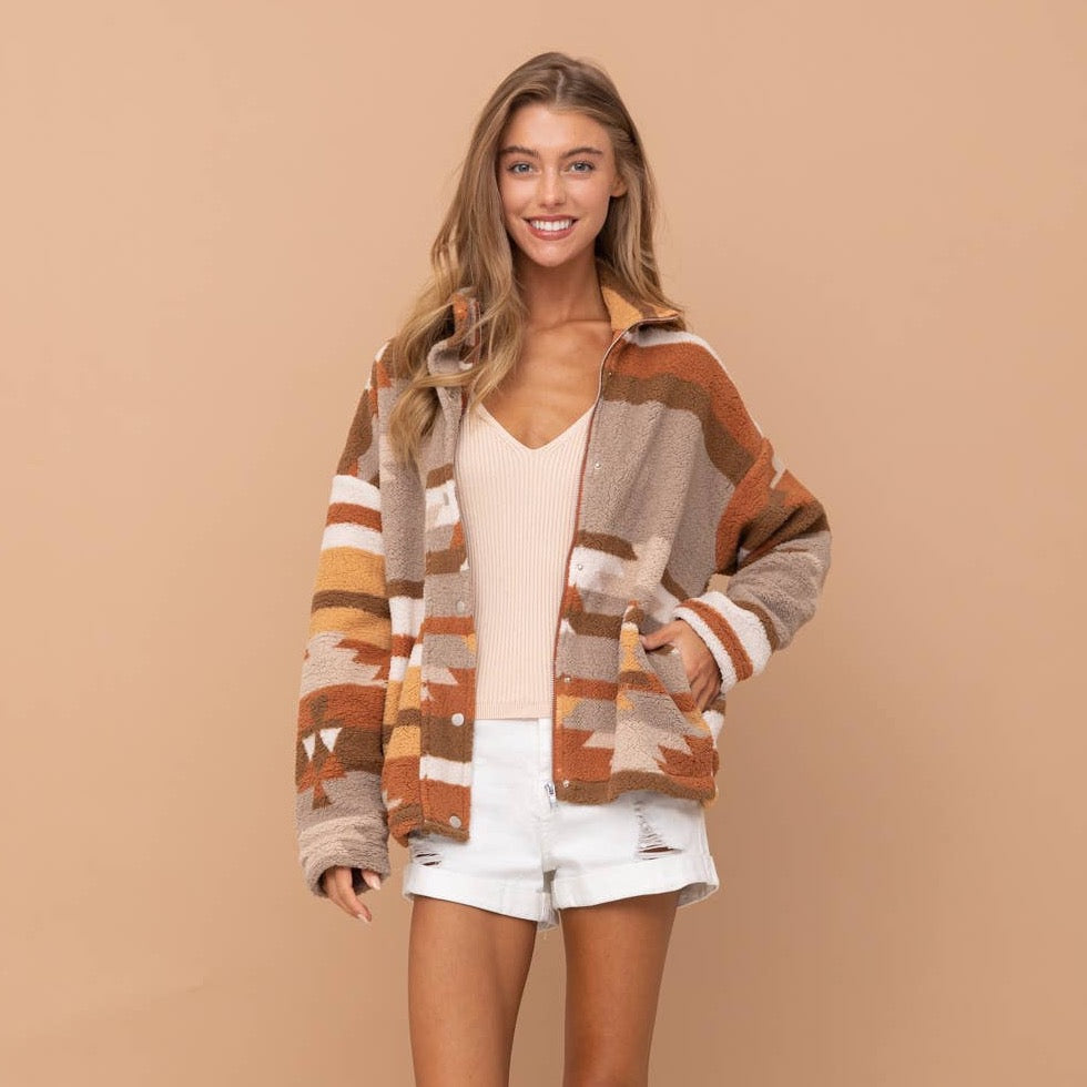 Aztec Soft Cozy Zip Up Lined Snap Up Jacket