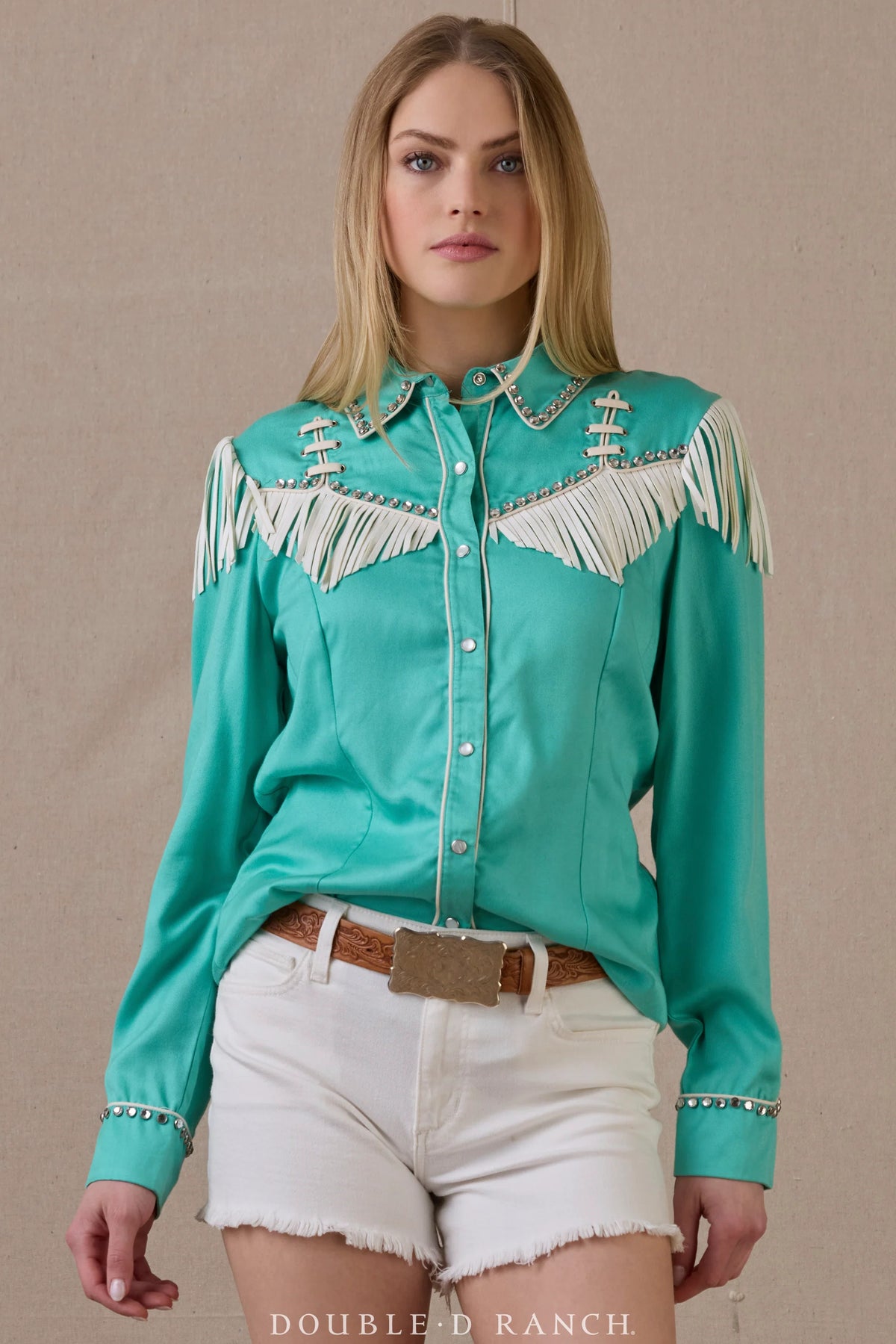 Rodeo Rhinestones Top in Turquoise with Pearl Snaps