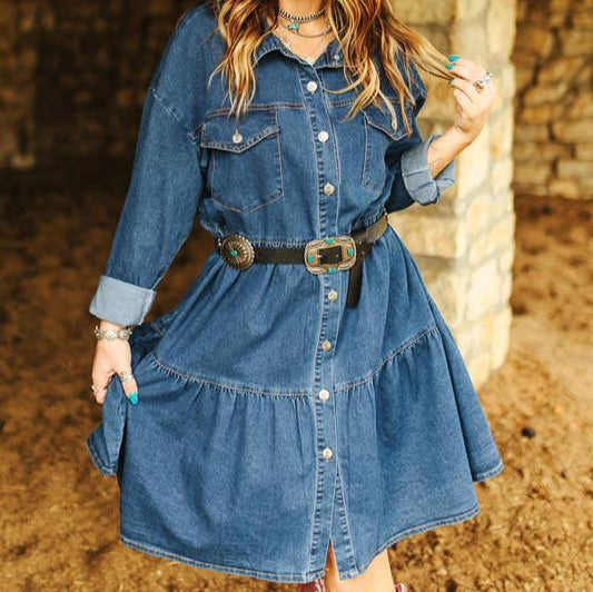 Dark Wash Denim Button Down Layered Dress