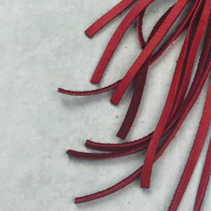Red leather strips on a white surface.