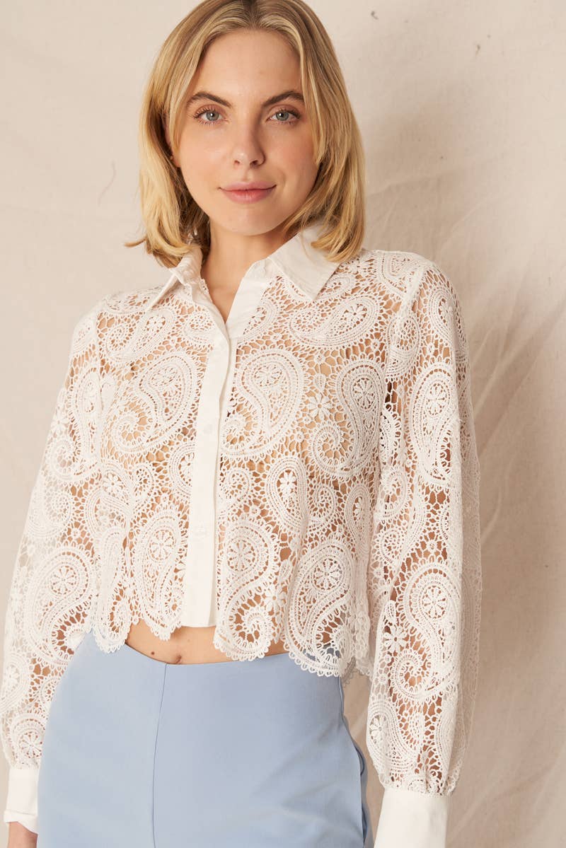 Long Sleeve Paisley Lace Button Down Top