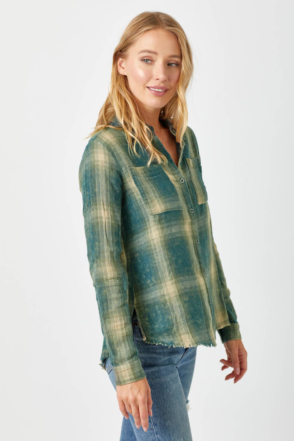Fringe Bottom Washed Plaid Shirt