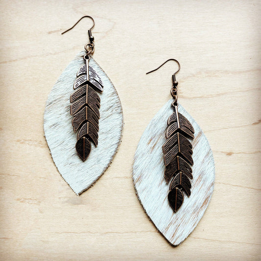 Leather Oval Earrings Spotted Hide & Copper Feather - Western Jewelry