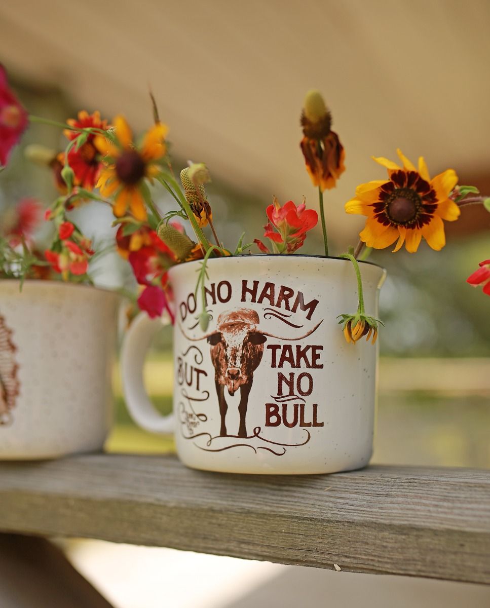 White Do No Harm, But Take No Bull Mug by Junk Gypsy