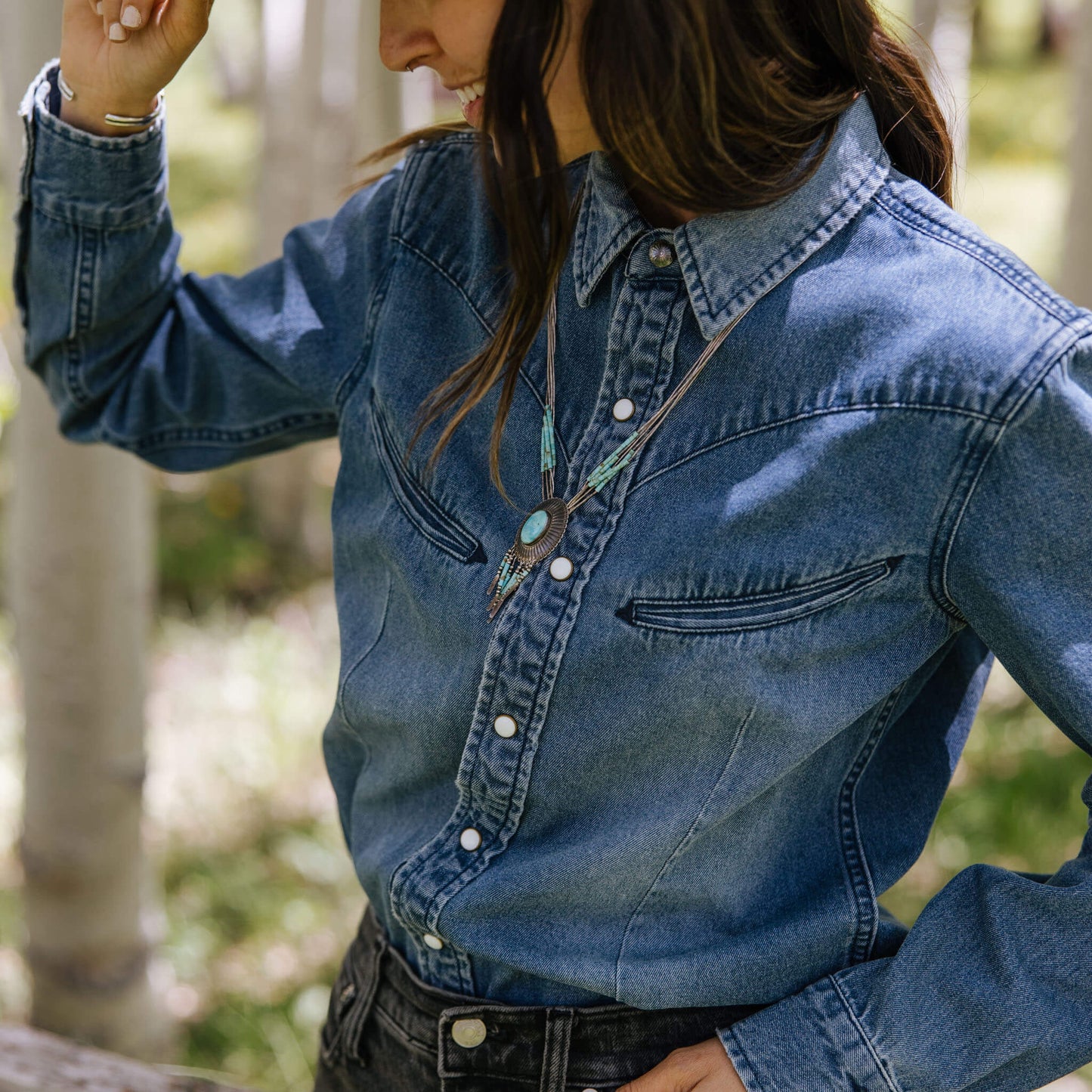 Yoakam Pearl Snap Denim Shirt Blouse Bourbon Cowgirl