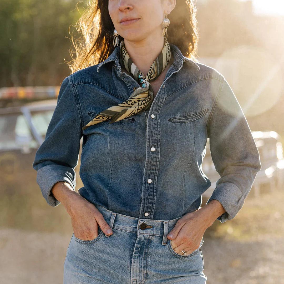 Yoakam Pearl Snap Denim Shirt Blouse Bourbon Cowgirl