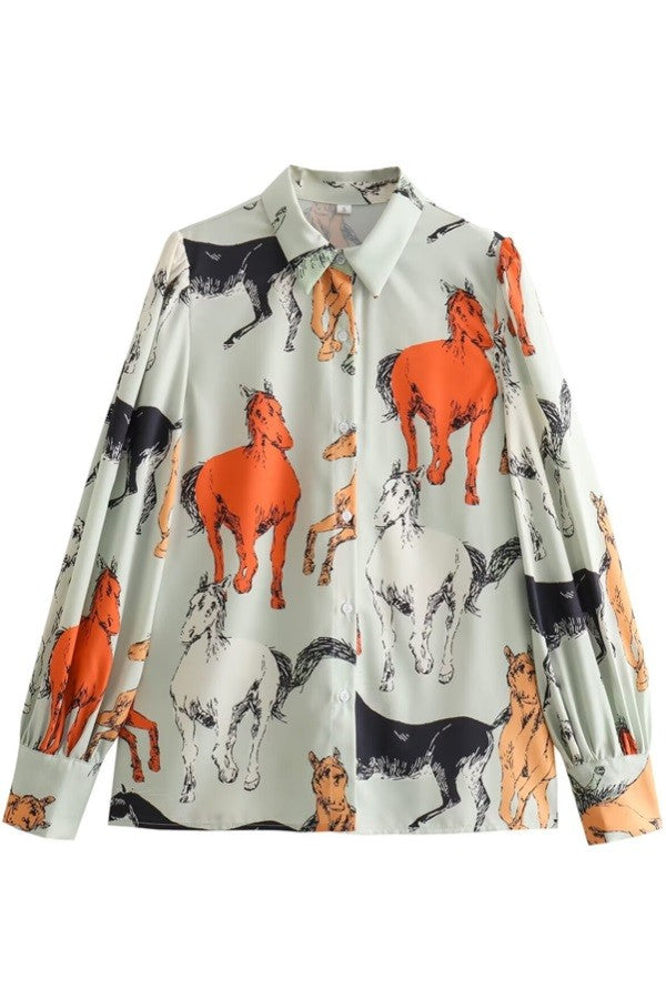 Horses Print Button Down Shirt in Mint at Bourbon Cowgirl