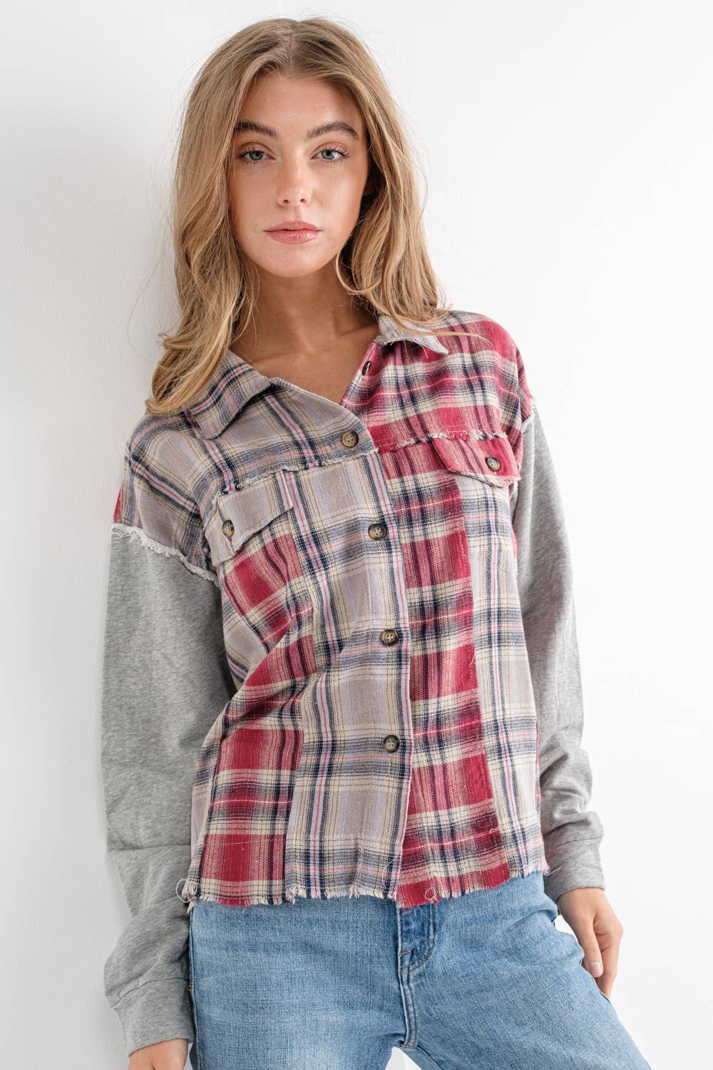 Mix Plaid Front Pocket French Terry Shirt Jacket